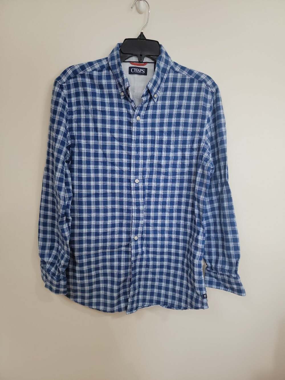 Chaps Men's Blue & White Plaid Long Sleeve Button Down Casual Shirt Size Medium
